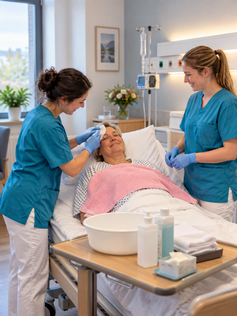 Pflegesituation: internationale Pflegekraft betreut einen Patienten